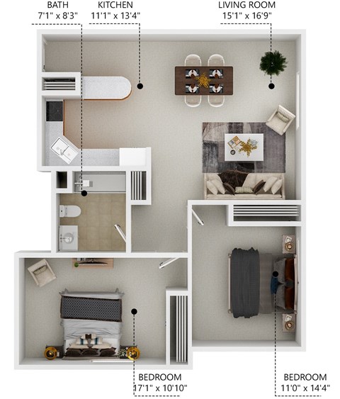 Floor plan for 2 beds, 1 bath, 867 sqft